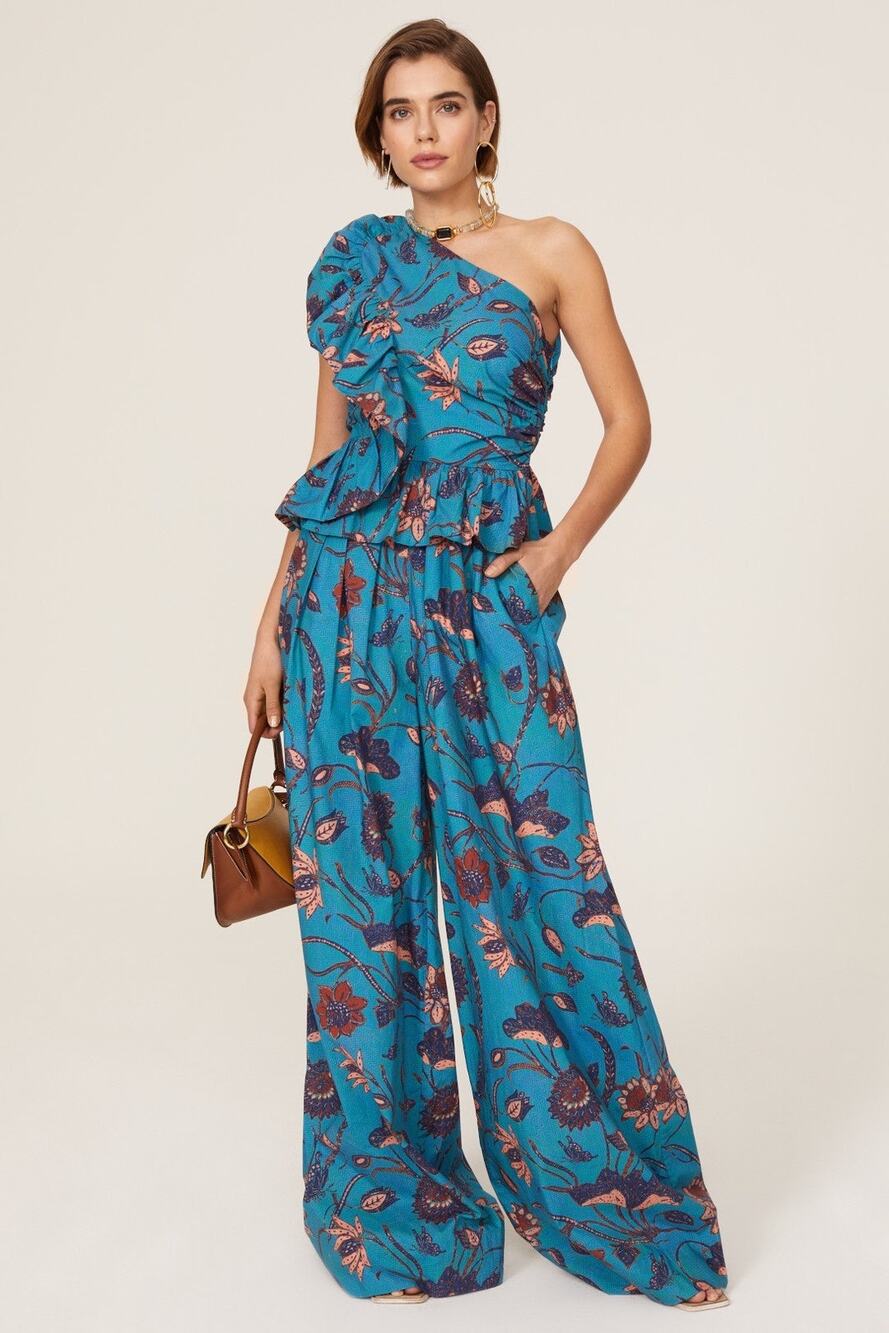 Ulla Johnson Solana Blue Floral Print Wide Leg One Shoulder Ruffled Jumpsuit 2